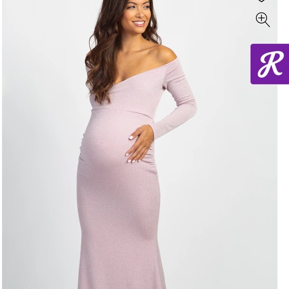 PinkBlush Pink Metallic Long Sleeve Wrap Maternity Photoshoot Gown/Dress - Picture 2 of 6